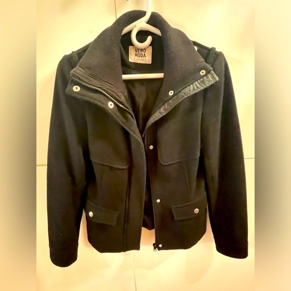 Vero Moda Wool Blend Felt Pea Coat Short Black Jacket. Gently Used. Size XS - Picture 2 of 5